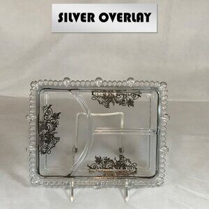 Vintage Silver Overlay Glass Rectangular 3-Section Divided Dish